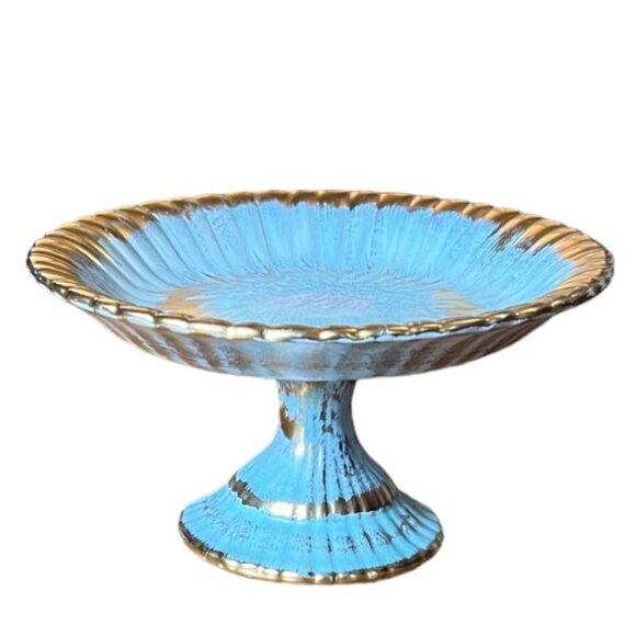 Vintage 1960s Stangl PotteryTrenton NJ Blue & Gold Fluted Pedestal Dish 6.5 x 4 - Picture 1 of 6